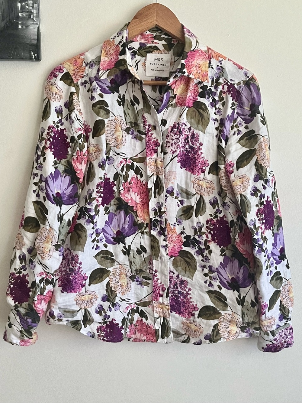M&S Pure Linen Floral Button-Up — Purple & Pink Bloom- Small PTP 20 inch - Picture 1 of 7